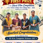 First Prize in the Short Film Competition at the Fatima College Inter-College Meet – 2026, Madurai