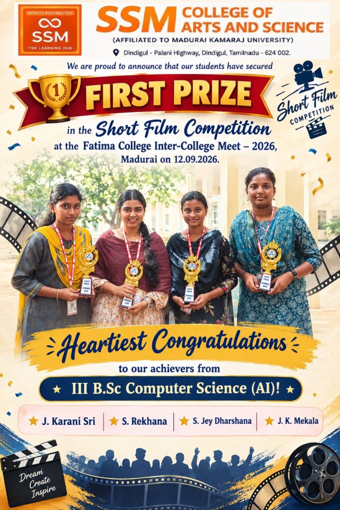 First Prize in the Short Film Competition at the Fatima College Inter-College Meet – 2026, Madurai