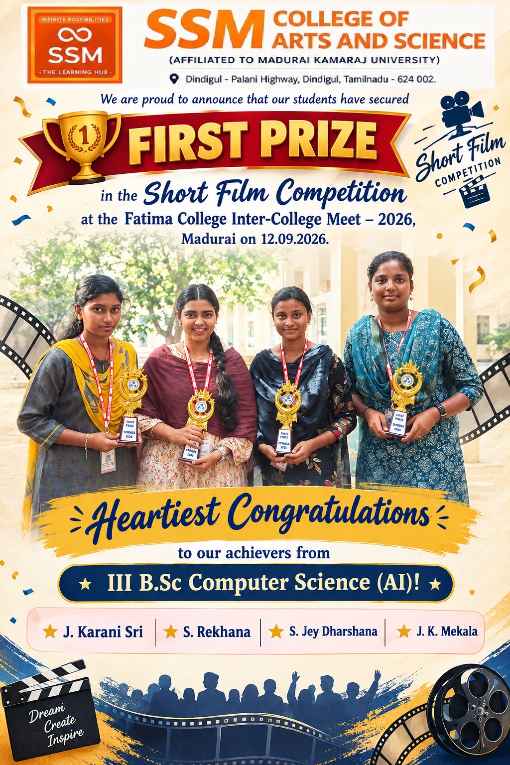 First Prize in the Short Film Competition at the Fatima College Inter-College Meet – 2026, Madurai
